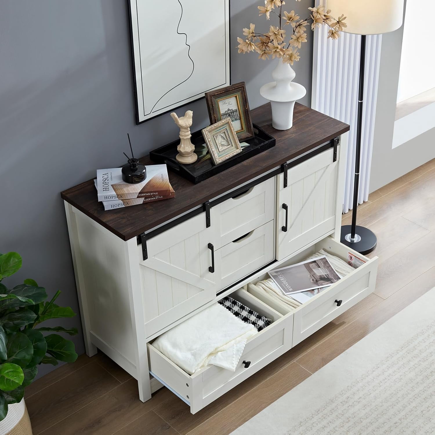 BOSHIRO 4-Drawer Sliding Barn Door Dresser, Antique White with Dark Brown Top, Farmhouse Wide Chest for Bedroom and Living Room
