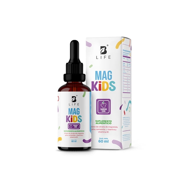 Citrato De Magnesio En Gotas Para Niños | 60ml | Con Vitamina B1, Teanina y Gaba | Sabor Uva | Mag Kids B Life.