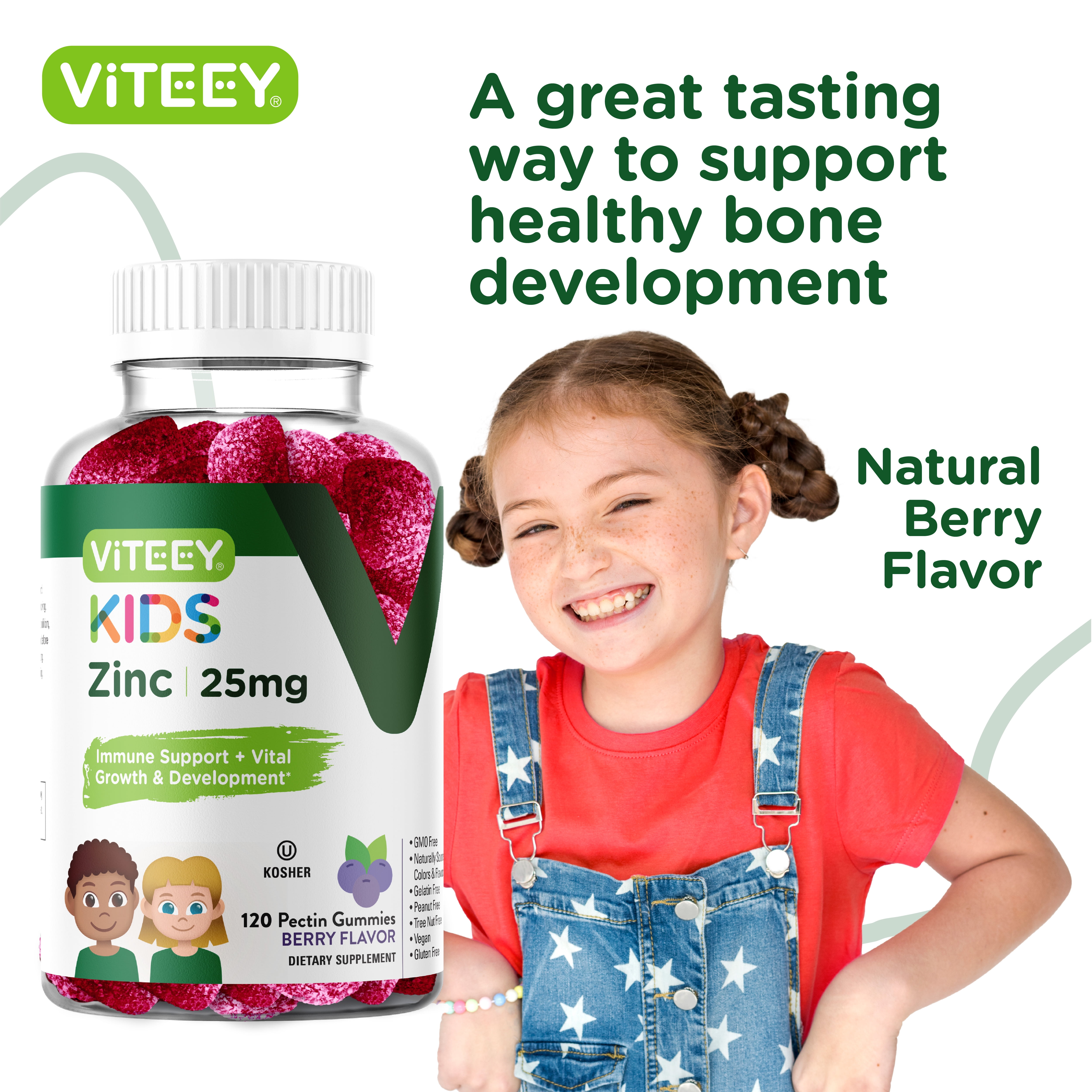 VITEEY Kids Zinc Gummies 25mg, Kids Immune Support Zinc Supplement, Berry Flavor, 120 Ct