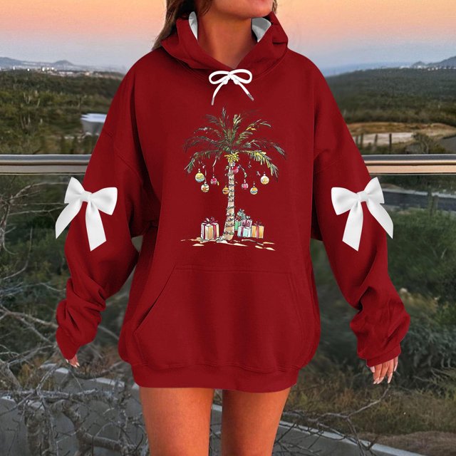 HongQid Women's Hoodies Oversized Long Sleeve Hooded Sweatshirts Christmas Graphic Drop Shoulder Bow Trim Print Pullover Tops