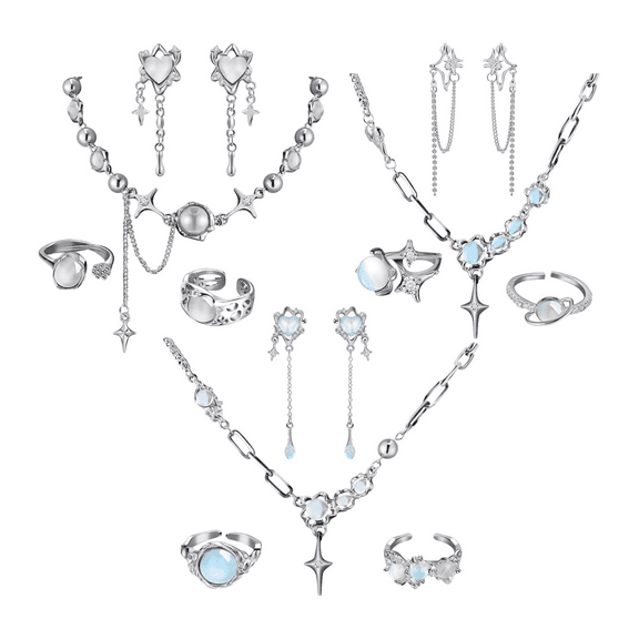 WuPing Y2K Jewelry Set: 12-Piece Star Moon Stone Necklace, Drop Earrings & Rings (Adjustable Silver Tone)