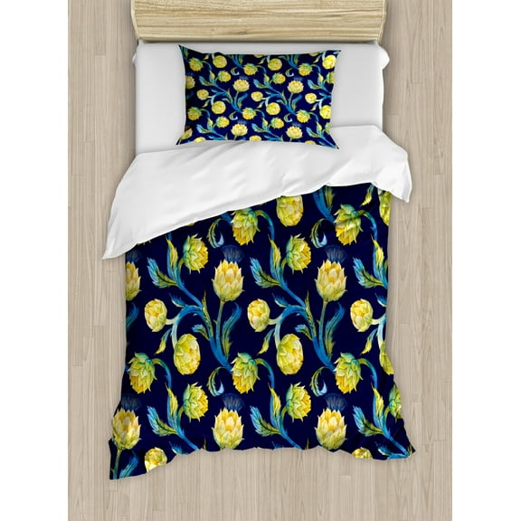 Ambesonne Artichoke Duvet Cover Set, Art Nouveau Food, Twin, Blue Violet Yellow