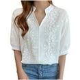 thumbnail image 2 of ClodeEU Women's V Neck Stand Collar Embroidered Linen Blouse,3/4 Sleeve Casual Summer Top White,Women's Plus L, 2 of 3