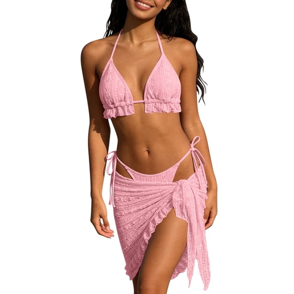 UTSJKR Women's Sexy 3 Piece Bikini Set, Special Fabric Lace Up Bathing Suit, Fashion Resort Beach Swimwear for Ladies Pink S