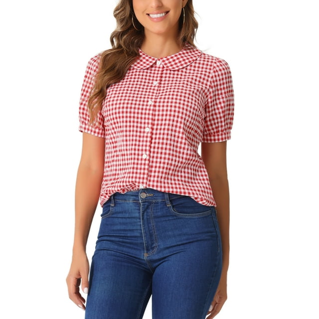 CAMISA DE CUADROS PARA MUJER INSPIRADA CHIC CON COLLAR PETER PAN Y MANGAS CORTAS ABULLONADAS, BOTONES, TALLA M, ROJO