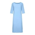 thumbnail image 4 of Women's Cotton Linen Dress Mid Sleeve Midi Casual Plus Size Tunic Dress Solid Linen Loose Casual Crewneck Long Dress, 4 of 7
