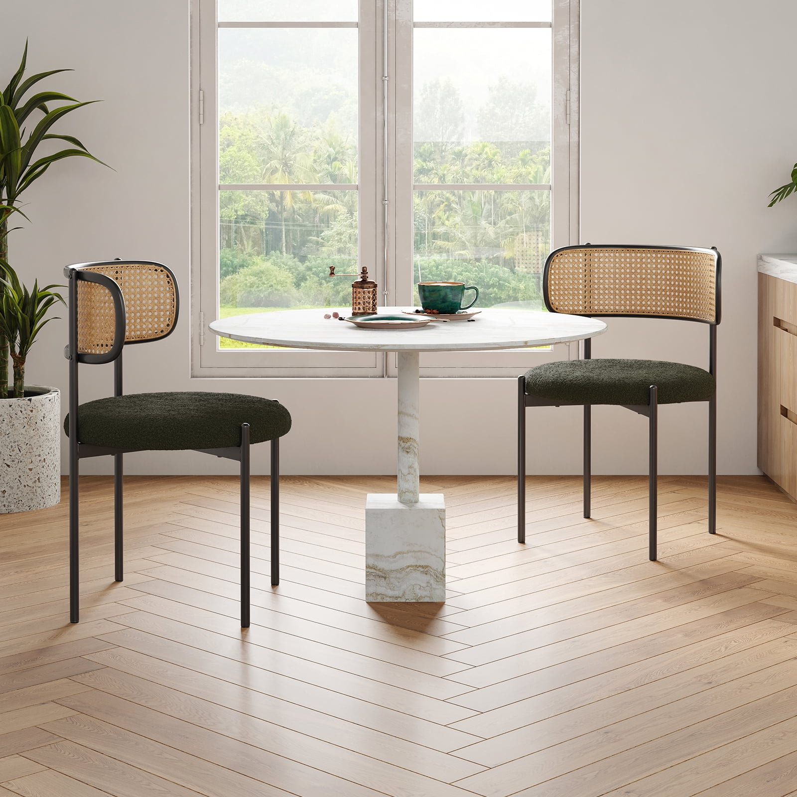 Farini Upholstered Dining Chair Set of 2, Rattan Backrest Kitchen Chair, Green