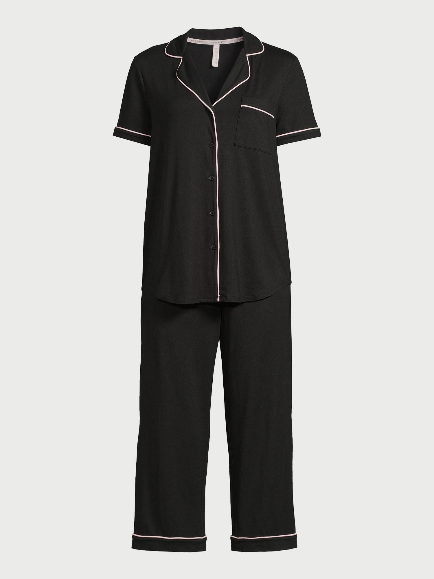 Joyspun Women's Knit Short Sleeve Notch Collar Top and Capri Pajama Set, 2-Piece, Sizes S to 3X