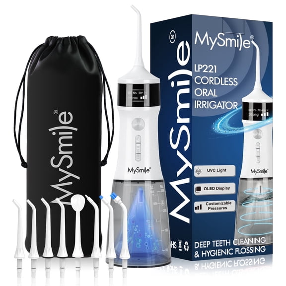 MySmile LP221 OLED Cordless Water Flosser with UVC Sterilizer Light, Portable Oral Irrigator Electric Dental Flosser Picks for Teeth Cleaning, Braces, Gums, 5 Modes, 8 Jet Tips, Travel Bag, White
