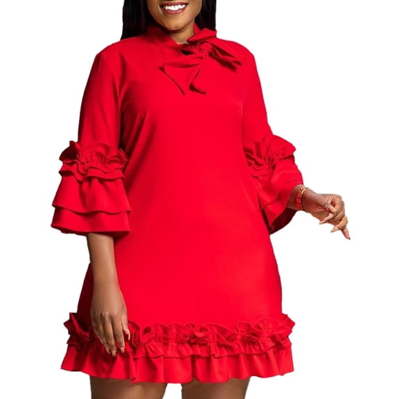 Womens Casual Dress Long Flounce Sleeve Sexy Dress Ruffle A-Line Mini Dress