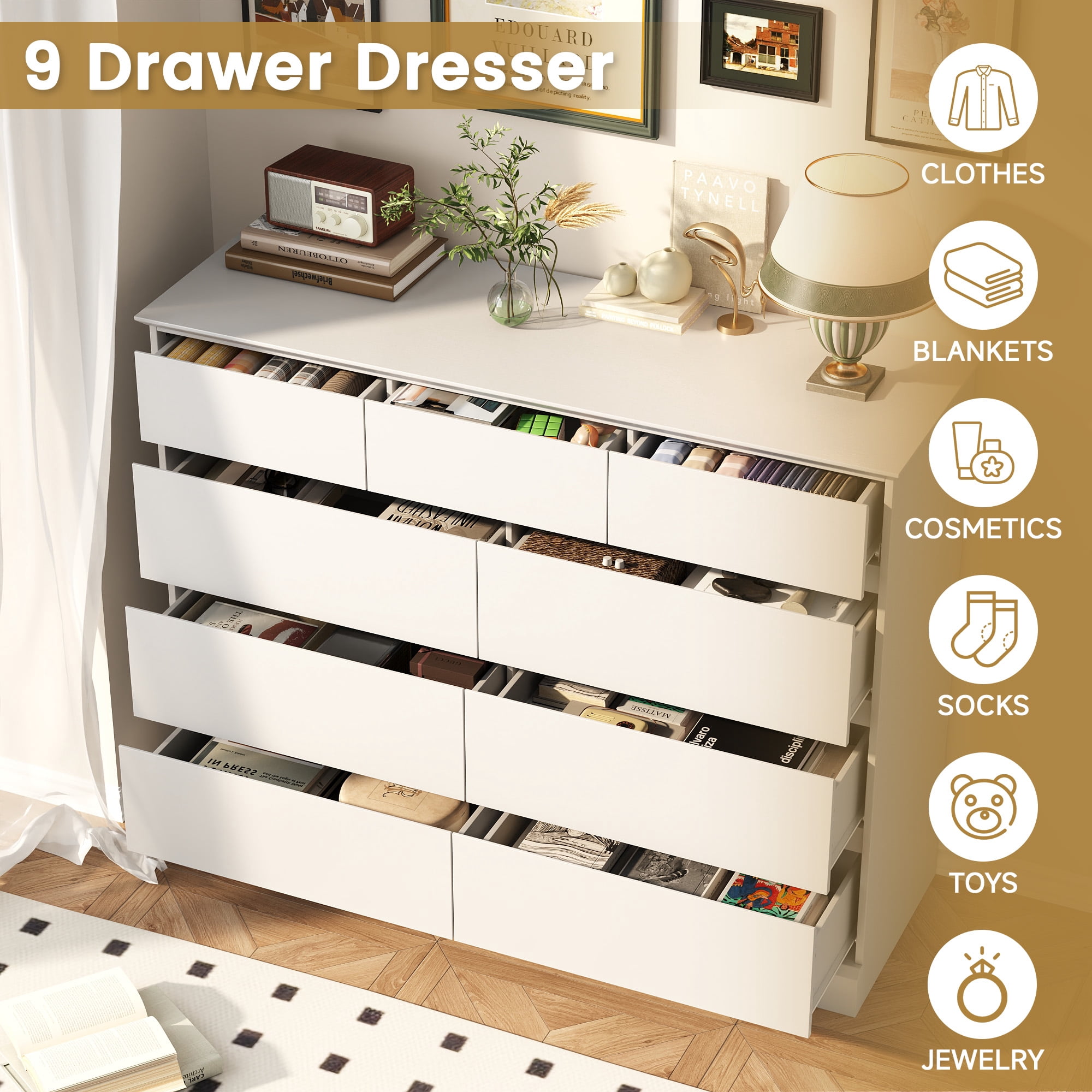 9 Drawer Dresser, White Chest of Deep Drawers, Modern Dressers with Storage, Large Drawer Organizer for Bedroom, Living Room, Handless Design, White