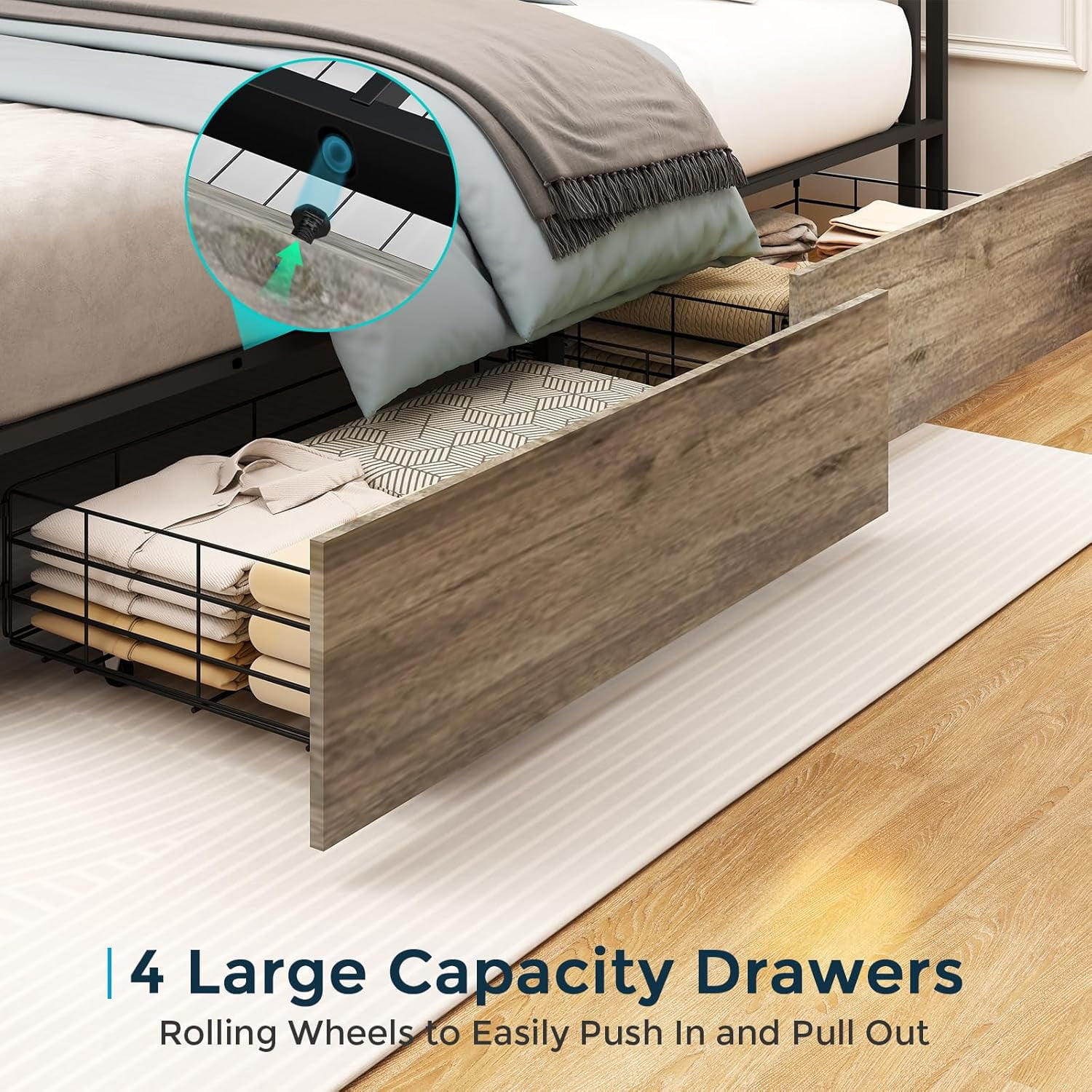 DRNANLIT King Size LED Bed Frame with Storage Headboard and 4 Drawers Charging Station,Gray