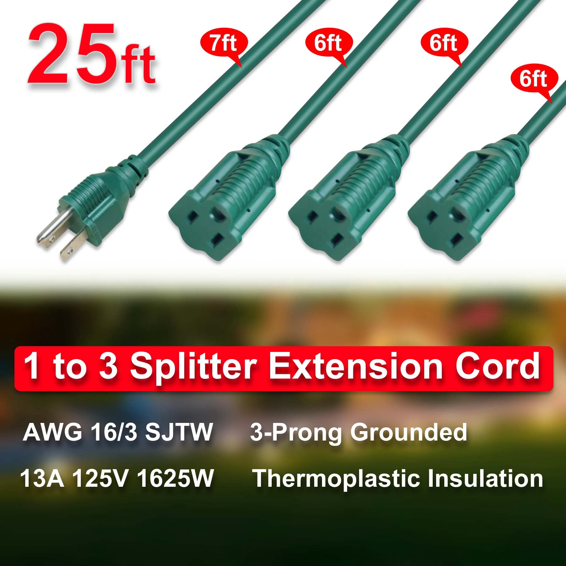 Outdoor 3-Outlet Multi-Directional Cord, Green, 25', by Holiday Time