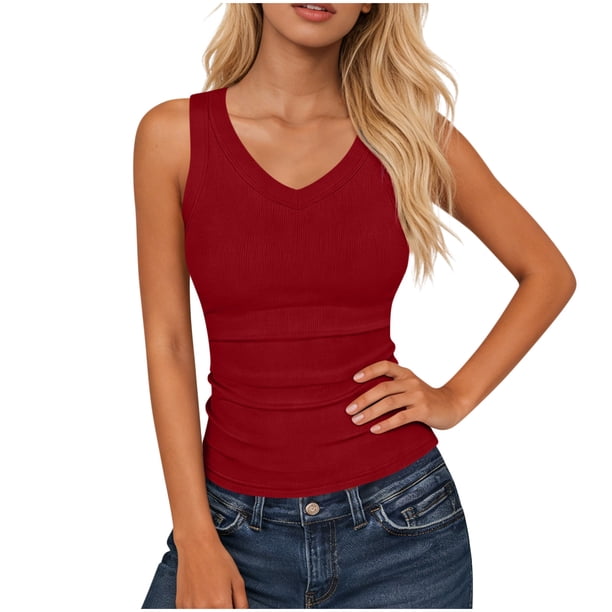 Mujeres Blusas de Verano sin Mangas Cuello en V Cuello Sólido Camiseta con Cojín de Pecho, Ligera Blusa Casual