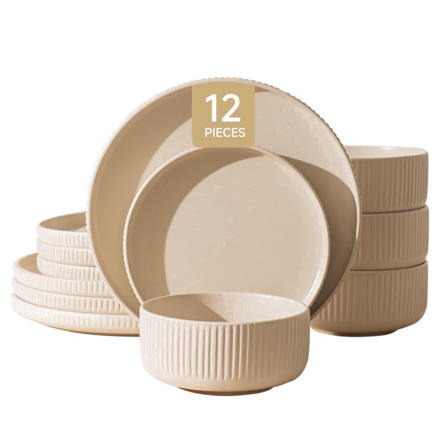 KINGSTONE 12-Piece Ceramic Dinnerware Set for 4, Beige Ribbed Plates and Bowls Sets, Microwave & Dishwasher Safe