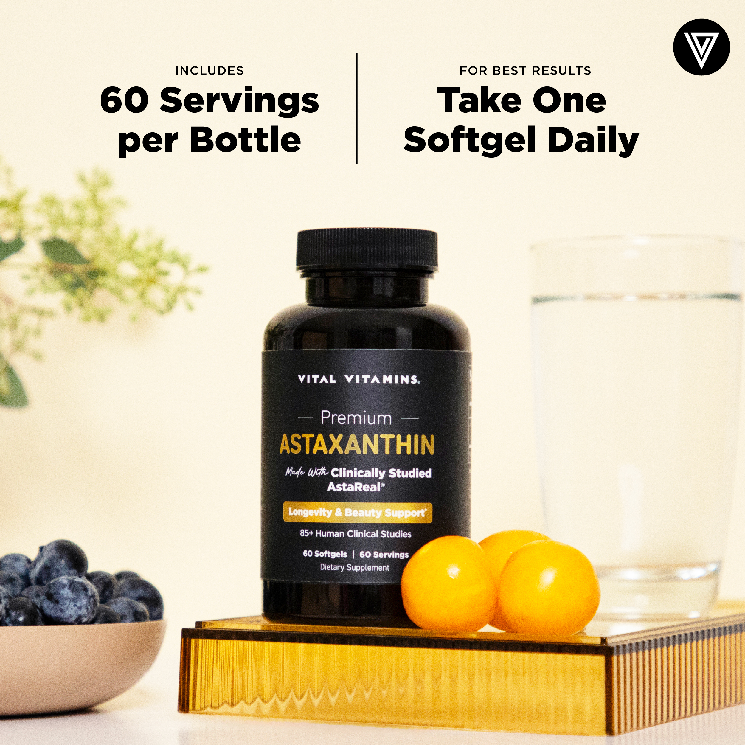 Vital Vitamins Astaxanthin 12mg Softgels - Made with Natural Astaxanthin - Supplement to Promote Skin Hydration, Elasticity - Defends Cells Against Daily Damage - Vegan - 60 Soft Gels