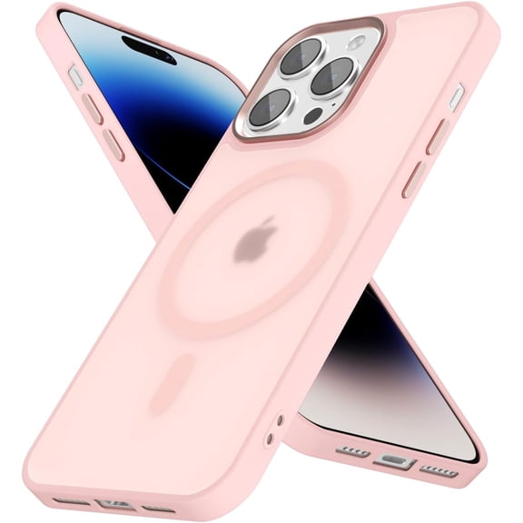 for iPhone 14 Pro Case Compatible with Magsafe, Translucent 14 Pro Phone Case Magnetic Clear Matte, Thin Slim Anti-Fingerprint Frosted Hard Plastic & Silicone Bumper, Light Pink