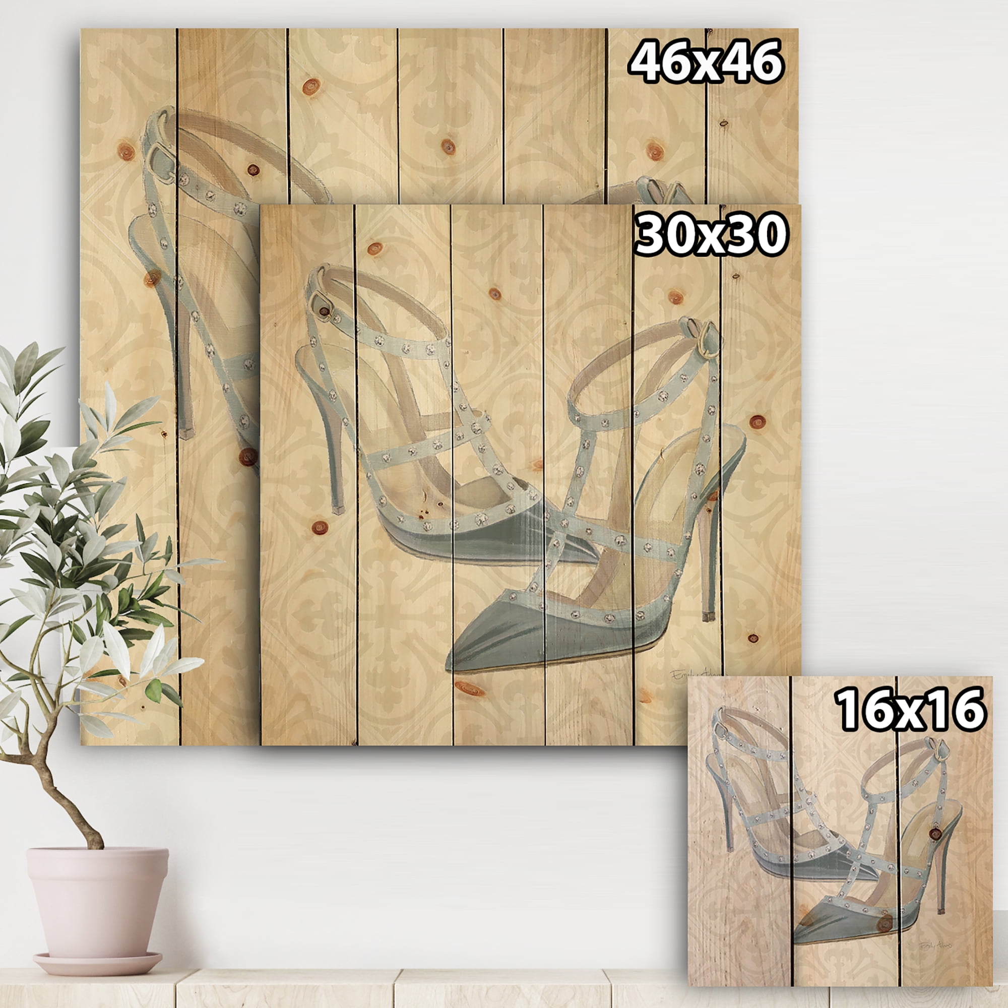 Designart 'Fashion Cosmetics Blue Shoes II' Fashion Print on Natural Pine Wood