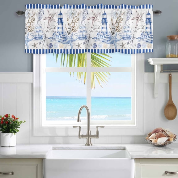 Window Valance for Kitchen,Starfish Nautical Anchor Shell Boat Rod Pocket Curtain Valances Short Curtains Drapes Panel,Lighthouse Vintage Blue Stripe Window Treatment Topper for Living Room Bathroom