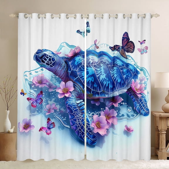 Feelyou Kawaii Blue Sea Turtle Blackout Curtains Set of 2 (52x84 Each), Butterfly Blossoms Floral Window Curtains, Teen Kid Child Curtains and Drapes, Blackout Curtains Bedroom Decor