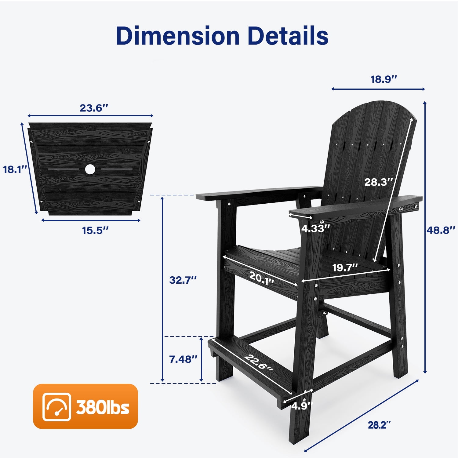 WINSOON Tall Adirondack Chair Set of 2 with Connecting Tray,Outdoor Bar Stools-Black