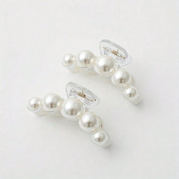 Pearl Hair Claw Clips (2 Pack) - Elegant Non-Slip Jaw Clips for Medium & Thin Hair, Clear Acrylic Hair Accessories for Women.