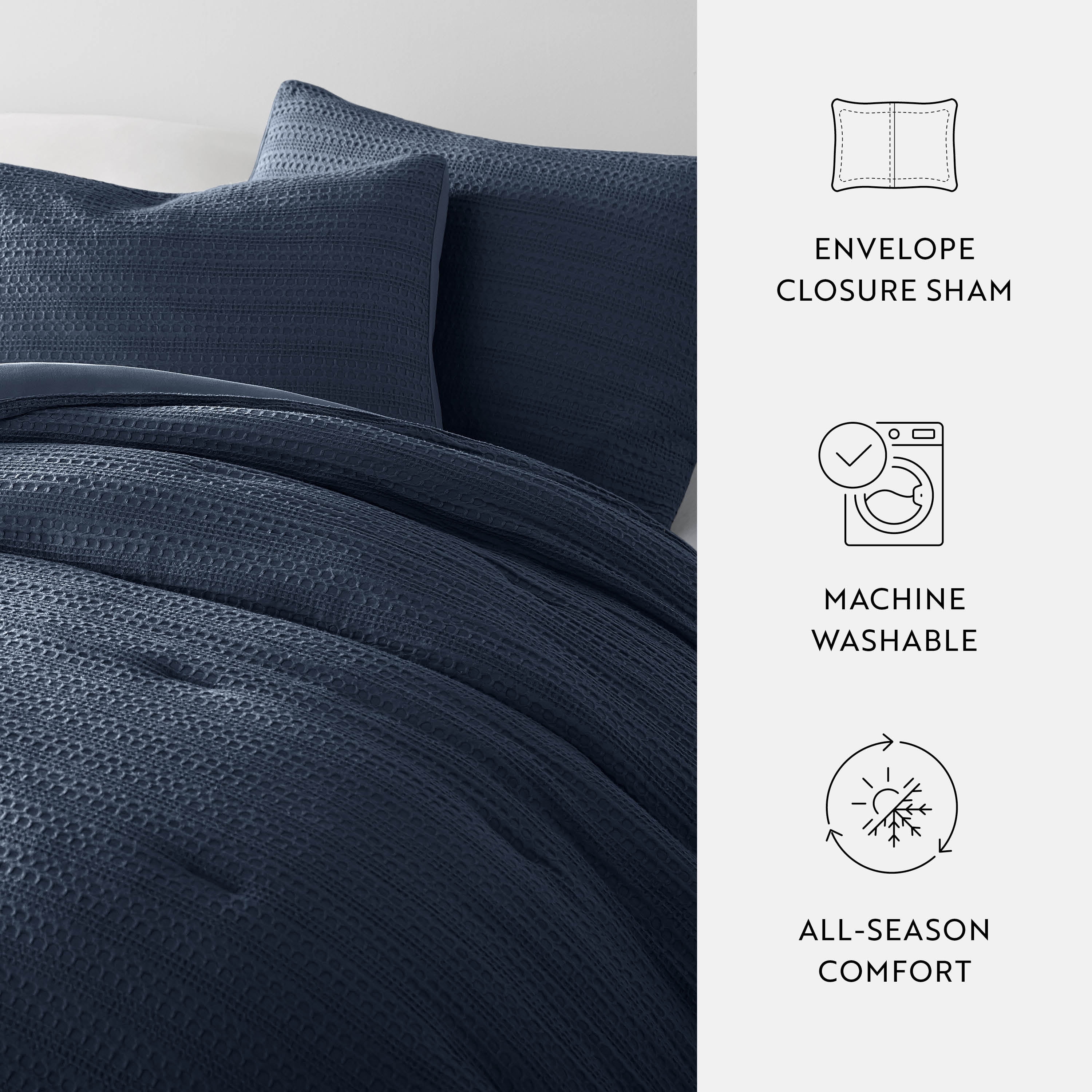 Noble Linens 3 Piece Navy Waffle Textured All Season Down-Alternative Comforter Set, Full/Queen