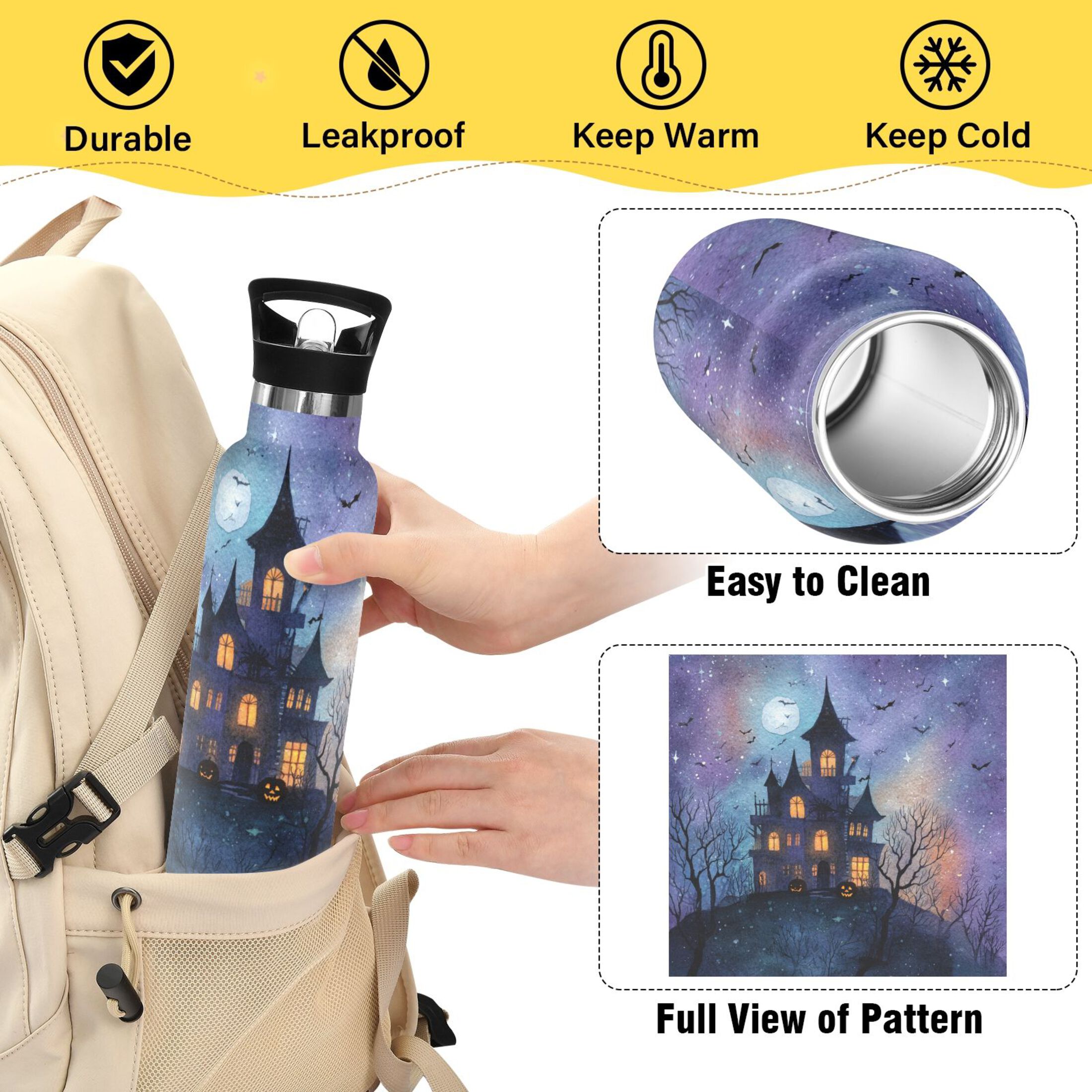 600ML Stainless Steel Insulated Cup Sports Water Bottle Portable Thermos Cup Water Glasses Insulated Tumblers Convenient and Durable Beautiful Halloween Castle