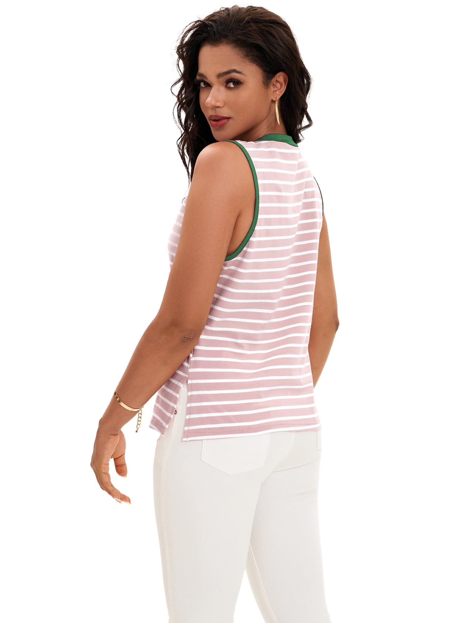 DARING DIVA Women's Striped Tank Top with Color Block M Pink Green