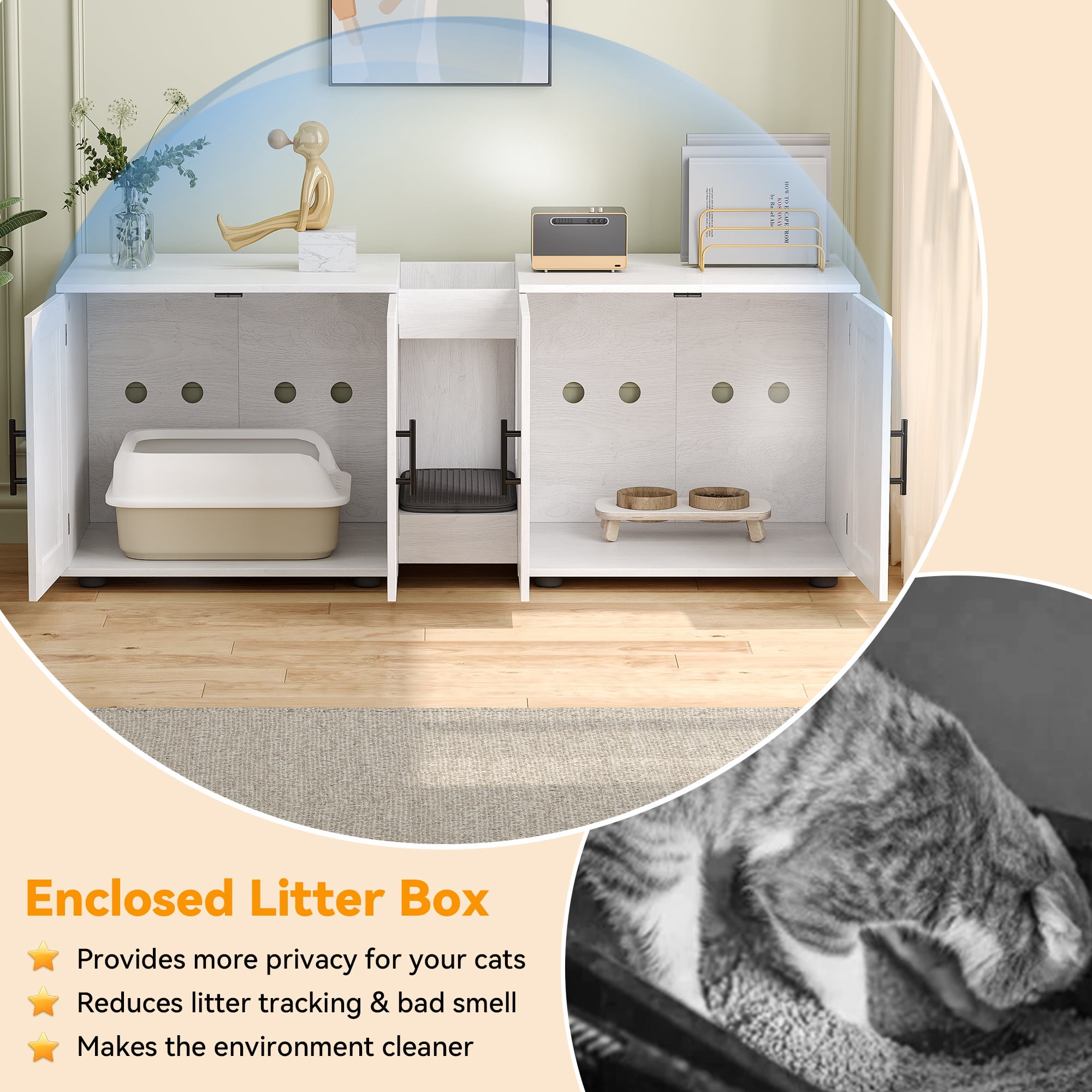 M optimized Litter Box Enclosure for 2 Cats, Cat Hidden Litter Box Enclosure Furniture with Double Room, Wooden Enclosed Cat Litter Box Furniture