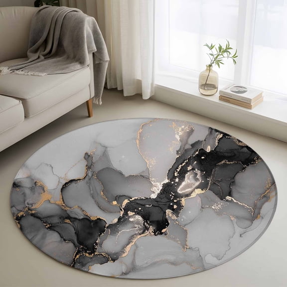 4ft Round Rug, Black Gold Marble Non-Skid Rubber Backing Large Area Rugs - Living Room Bedroom Home Office, Vintage Abstract Geometric Gradient Indoor Floor Mat Carpets Washable Rug