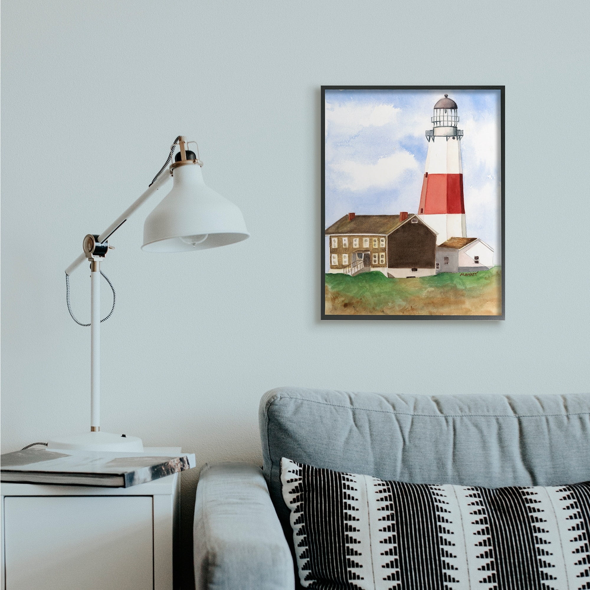 Stupell Industries Nautical Red Striped Lighthouse Coastal Cliff Architecture Black Framed, 16 x 20, Design by Melissa Hyatt LLC