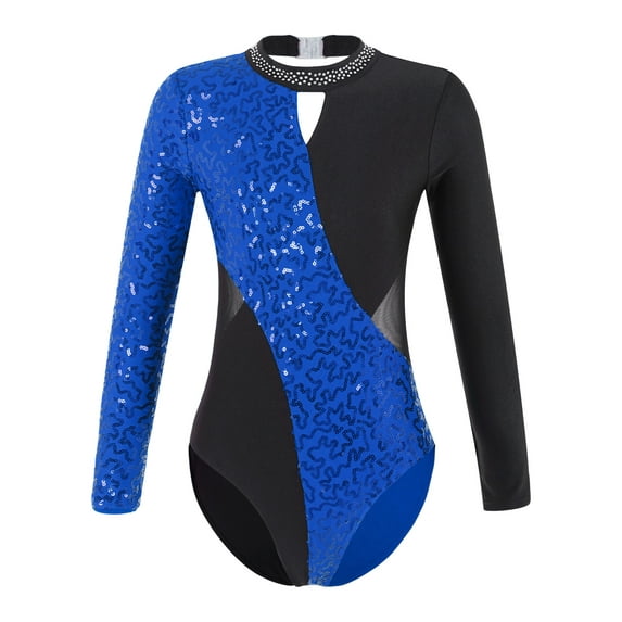 CHICTRY Kid Girls Sparkly Sequins Ballet Dance Leotard Long Sleeve Sequins Mesh Bodysuit for Gymnastics Dance Workout