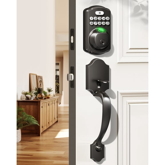 Veise KS02D Fingerprint Front Door Lock with Handle Set, Matte Black | Keyless Entry Electronic Keypad Deadbolt, Auto Lock, Anti-Peep Password, One-time Code, IP54 Waterproof, Low Battery Alarm