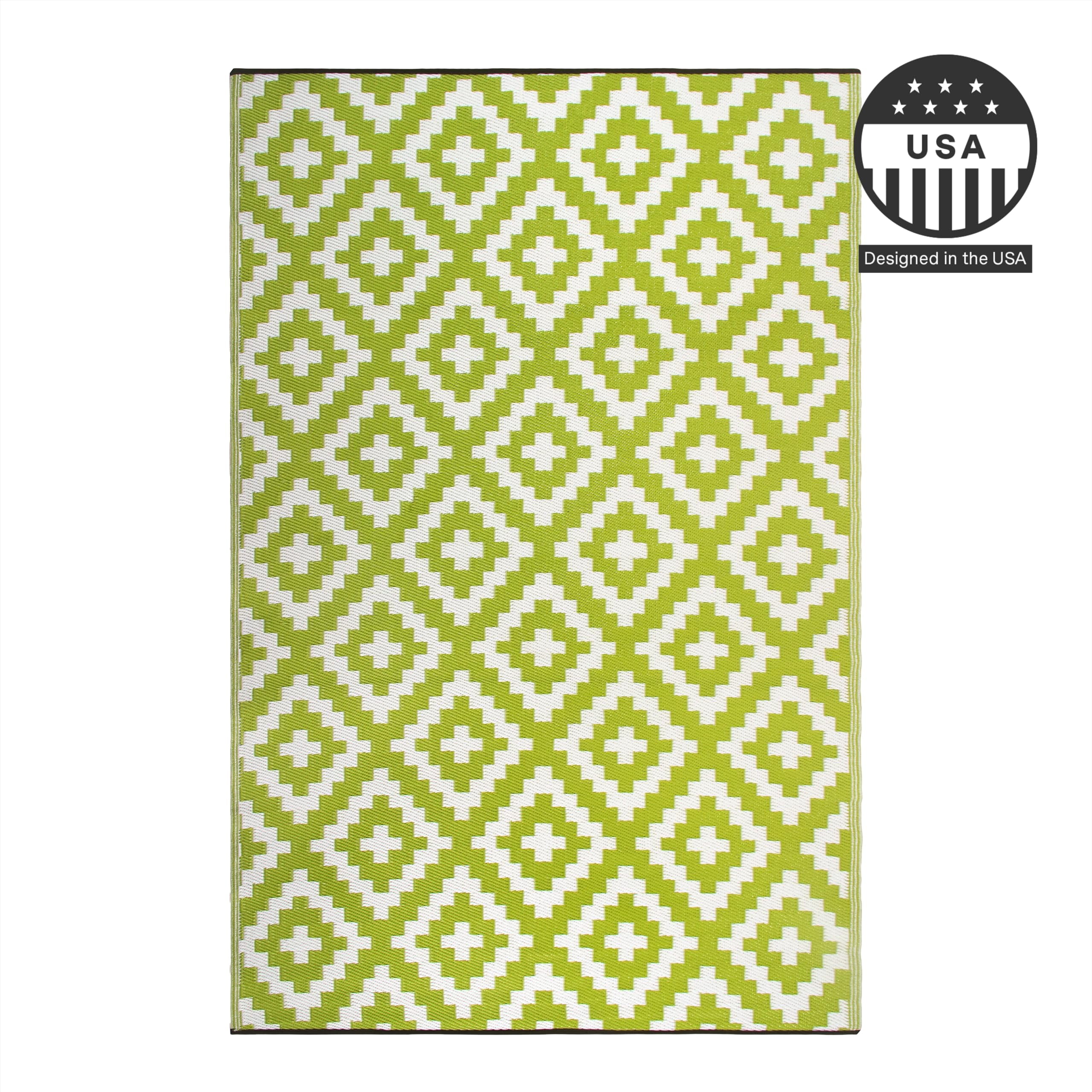 FH Home Outdoor Rug - Waterproof, Fade Resistant, Crease-Free - Premium Recycled Plastic - Geometric - Patio, Deck, Porch, Balcony, Laundry Room - Aztec - Green & White - 4 x 6 ft