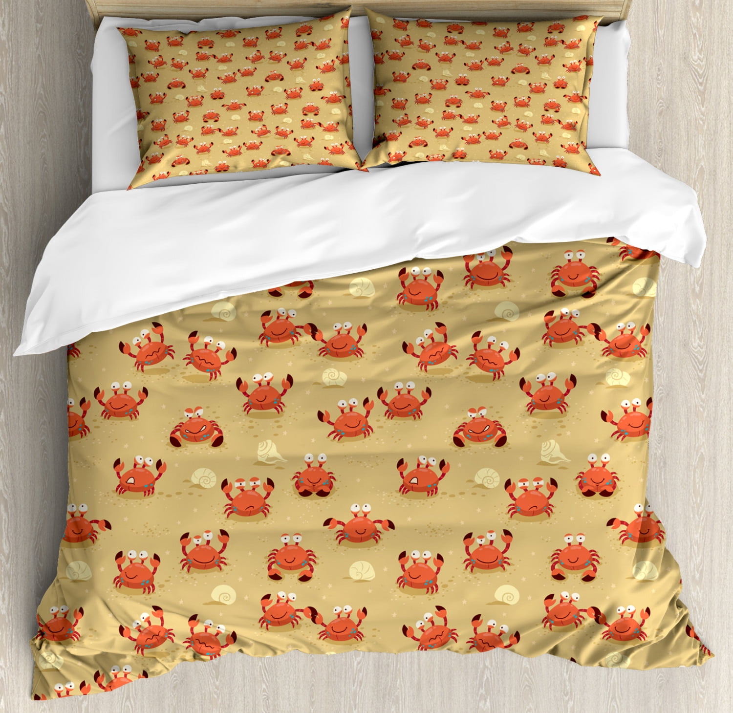 Crabs Queen Size Duvet Cover Set, Playful Childish Sea Animals on a