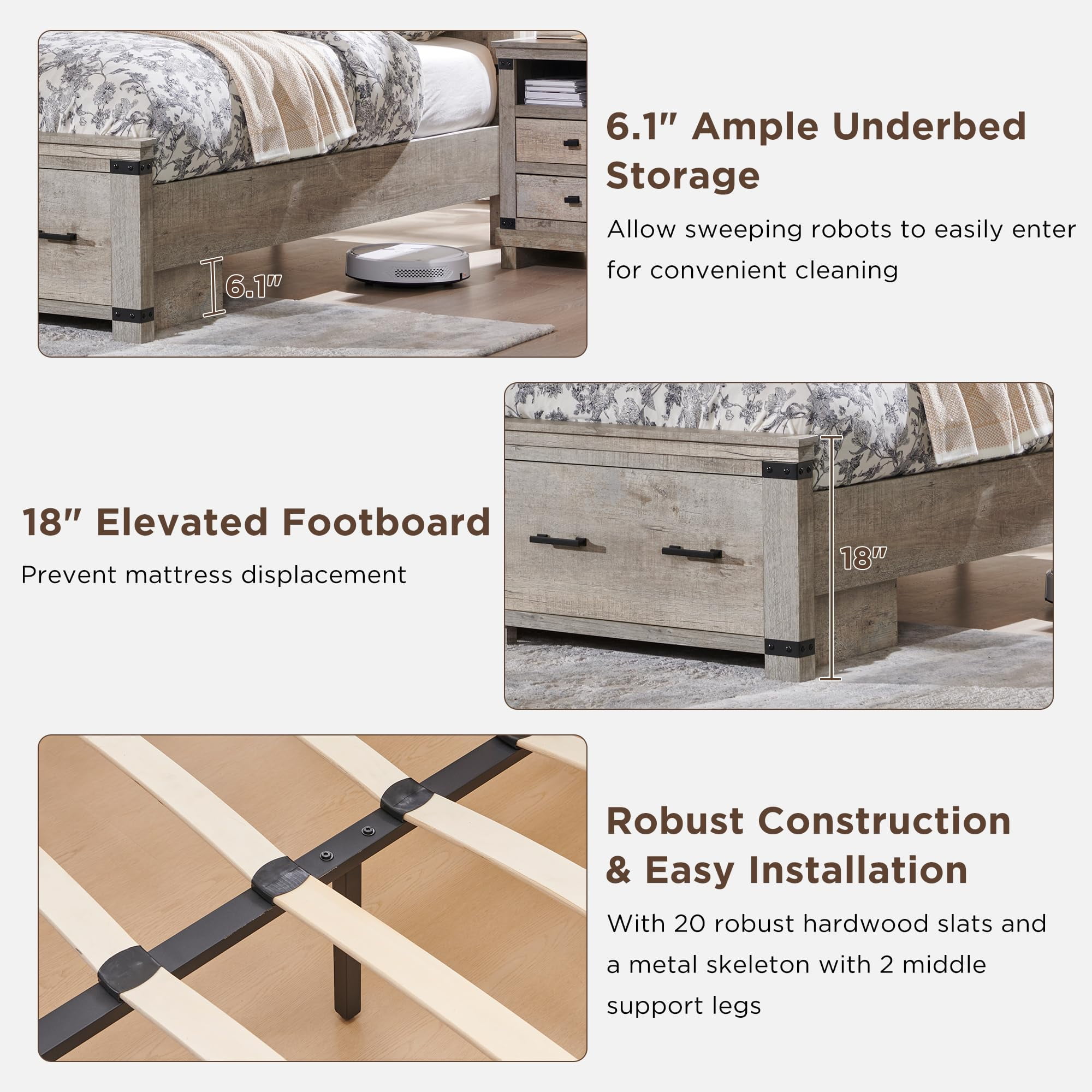 OKD Queen Size Bed Frame W/ 54" Tall Geometric Headboard, Farmhouse Wood Platform Bed W/ 2 Large Storage Drawers, No Box Spring Needed, Light Rustic Oak