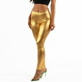 thumbnail image 2 of OFENTI Metallic Shiny Leggings - Mid Waist Faux Leather Footless Tights Pants Wet Look Skinny Glamour Gold 3X, 2 of 6