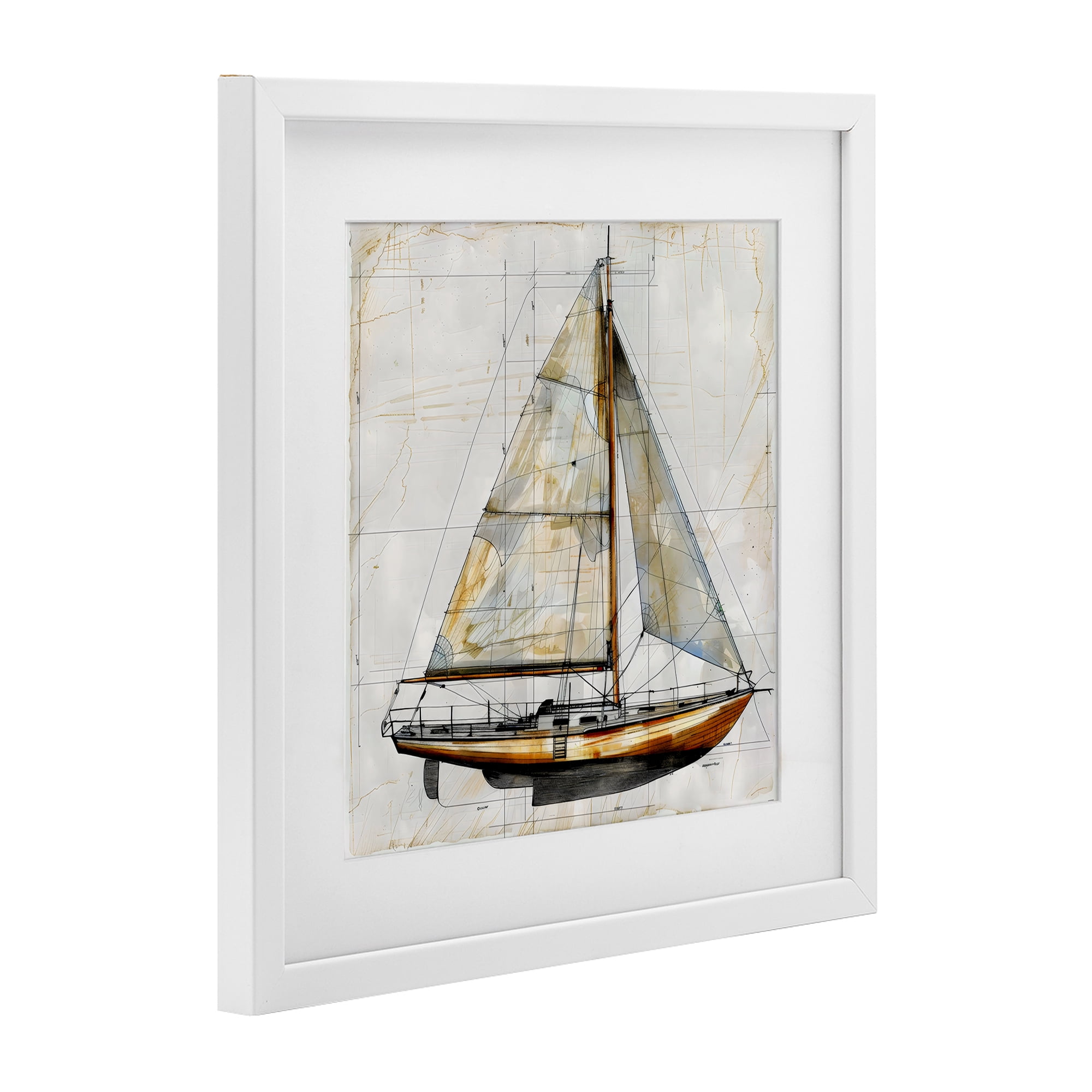 Stupell Industries Vintage Sailboat Drawing Blueprint White Framed Print Under Glass, design by Creative Studio