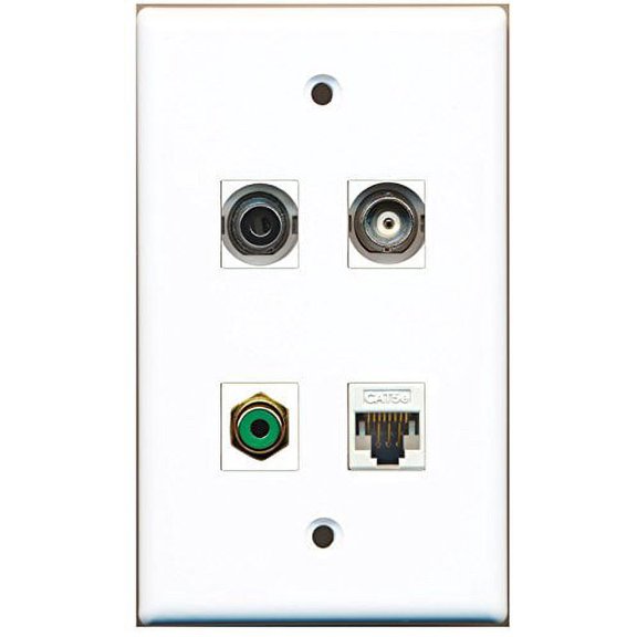 RiteAV - 1 Port RCA Green 1 Port 3.5mm 1 Port BNC 1 Port Cat5e Ethernet White Wall Plate