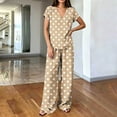 thumbnail image 5 of Women's Polka Dot Print V Neck Short Sleeve Top Dual Pocket Wide Leg Pants 2 Piece Outfit, Loose Summer Casual Matching Set Khaki M(M), 5 of 6