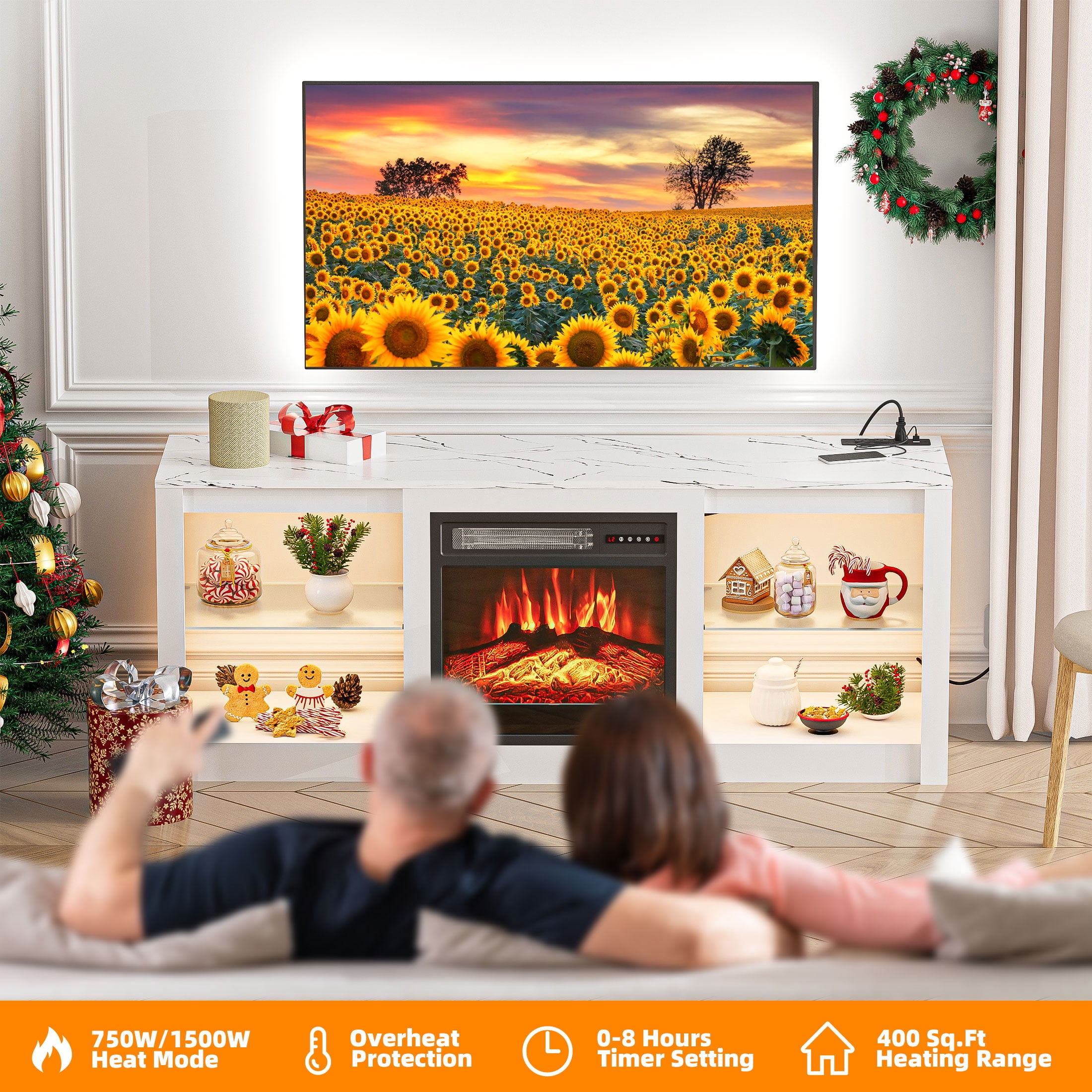 BREEZEHEAT Electric Fireplace TV Stand-Led Entertainment Center-58 inch TV Stand with 18" Electric Fireplace-Living Room Tv Cabinet with Storage for TVs up to 65"，Modern Media Console (White)