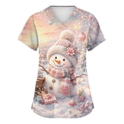 Zorvxlyn Christmas Holiday Scrubs Tops for Women Stretchy Snowflake Snowman Nurses Working Uniforms S-5xl Plus Size Xmas Scrubs for Women Workwear with Pocket