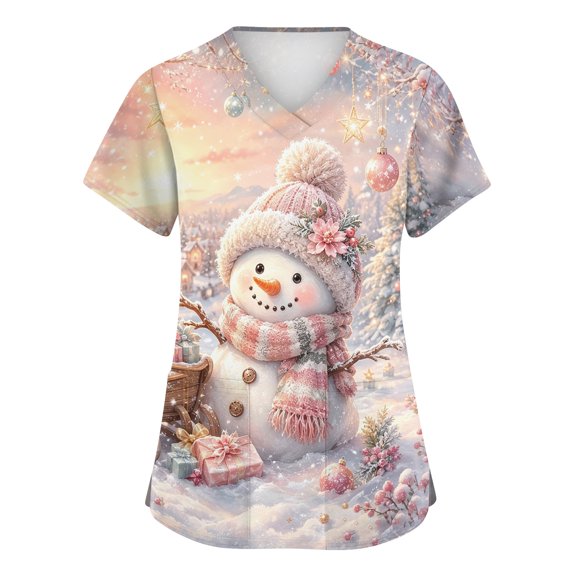 Zorvxlyn Christmas Holiday Scrubs Tops for Women Stretchy Snowflake Snowman Nurses Working Uniforms S-5xl Plus Size Xmas Scrubs for Women Workwear with Pocket