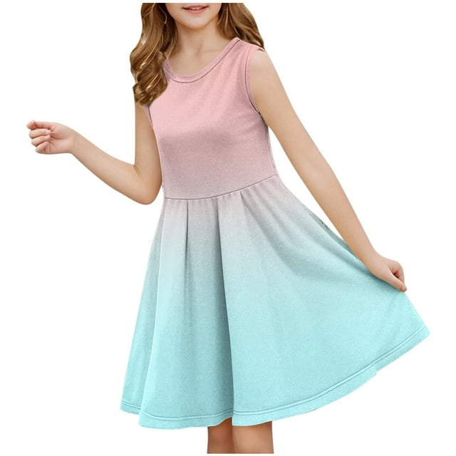 Robes Décontractées Sans Manches à Volants pour Enfants Liquidation Robes Débardeurs Filles Été Tendance Dégradé Imprimé Robe Fluide Décontractée Sans Manches Robe d'Été Ligne A Robe de Plage Nouveau Bleu Ciel 9 Ans