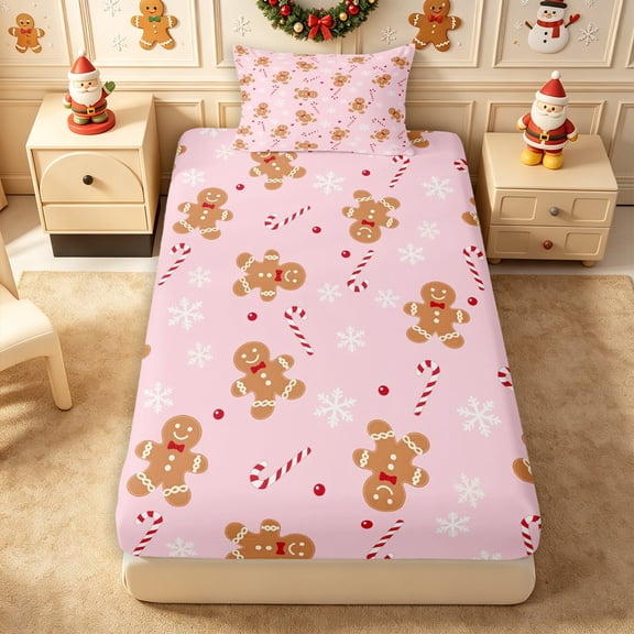 Erosebridal Cute Gingerbread Man Twin Fitted Sheet 2 Pieces,Merry Christmas Bedding,Pink,1 Fitted Sheet and 1 Pillowcase