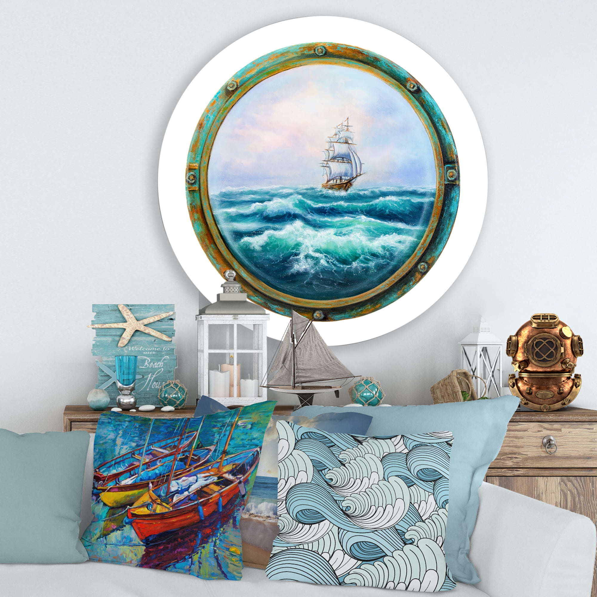 Designart 'Ship In Stormy Ocean Through Cabin Window' Nautical & Coastal Circle Metal Wall Art 29x29 - Disc of 29