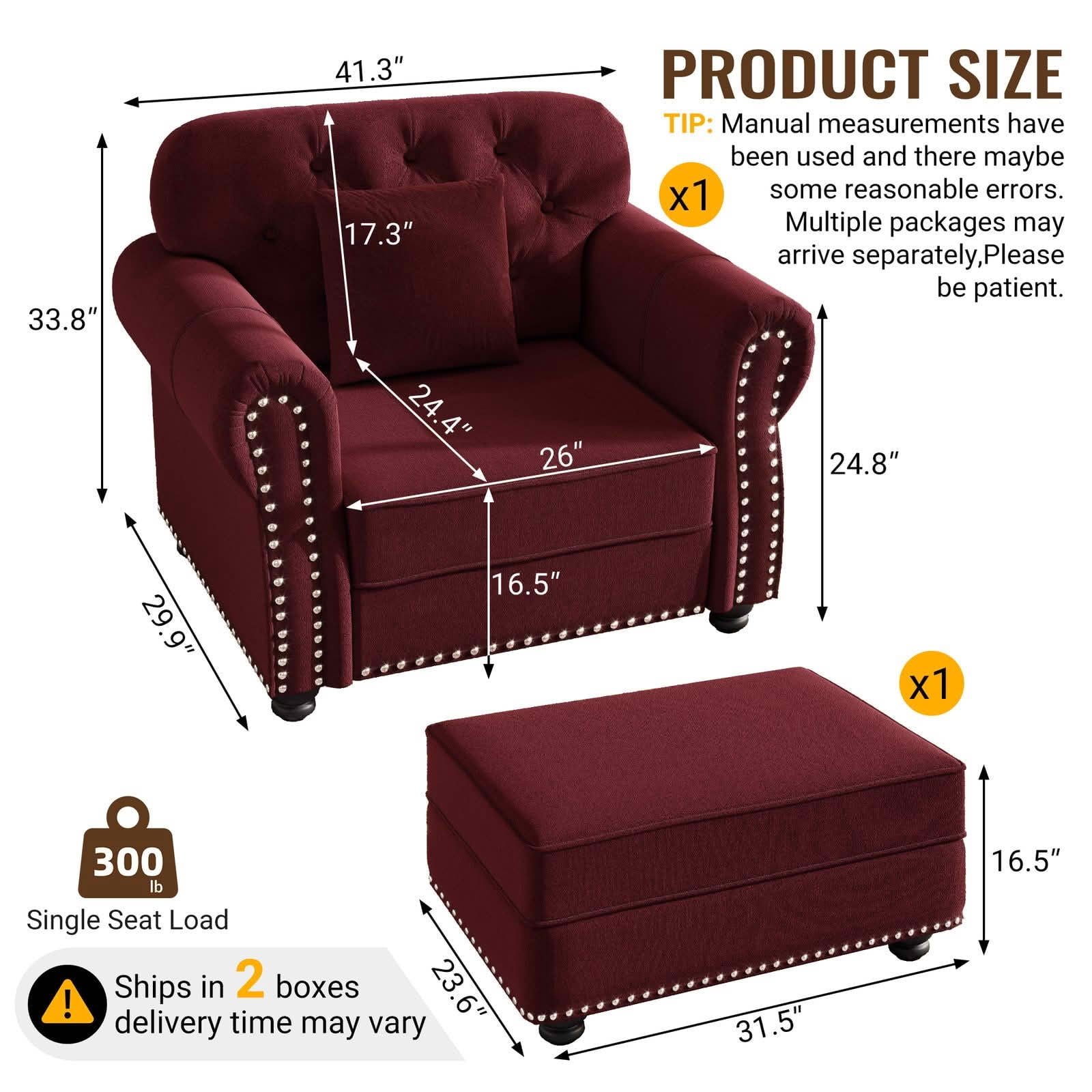 MAYEERTY Velvet Chesterfield Single Seat Sofa, Mid‑Century Modern Couch with Button Tufting, Nailhead Trim and Rolled Armrests, Includes 1 Pillow for Home Living Room