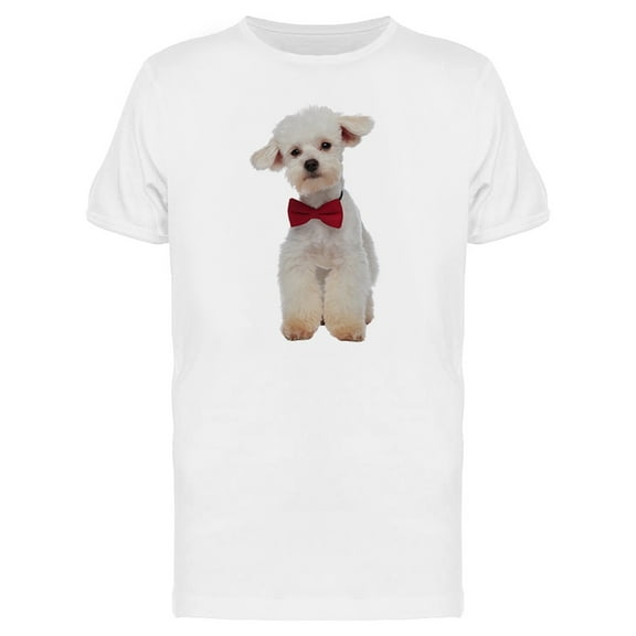 Furry White Bichon Red Bowtie T-Shirt Men -Image by Shutterstock, Male x-Large