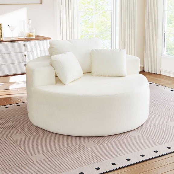 Muumblus Oversized Round Lounge Chaise Chair Indoor,Corduroy Boneless Cloud Couch with 3 Pillows, No Assembly Required, Modern Accent Chair for Living Room, Beige Chenille